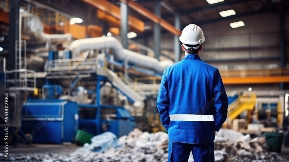 Mechanical engineer inspects waste recycling system in factory. Mechanical engineer inspects waste recycling system in factory.