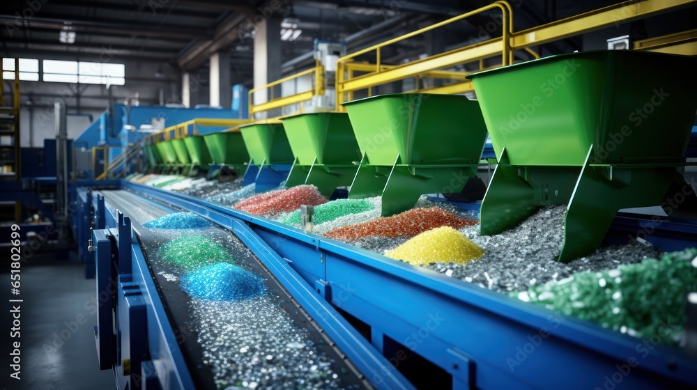 The process of recycling plastic into small plastic pellets. - obrazy, fototapety, plakaty 