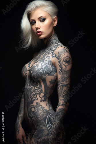 Beautiful platinum blonde hair girl with full body tattoos © PicMedia