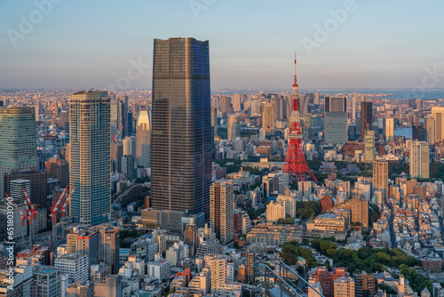 夕暮れの東京タワーと東京都心の都市風景