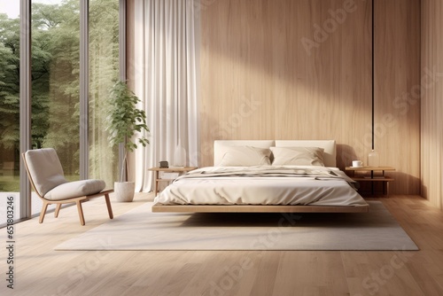 Luxurious Sustainable Home Interior with Comfortable Bedroom and Floor-to-Ceiling Windows