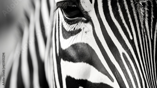 Monochrome  shallow depth of field image of a zebra with head and eye in focus and stripes in soft-focus  wildlife black and white stripes background texture closeup