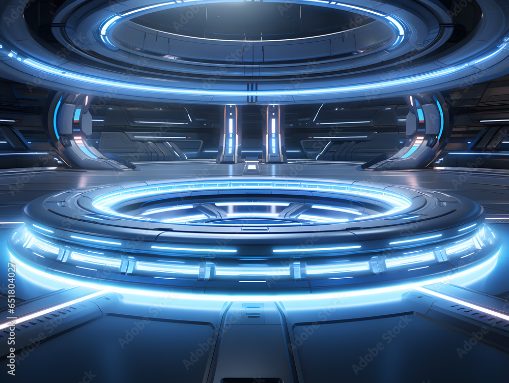 Abstract technology cyber interface hologram elements neon lights, circle podium with innovation on hi tech future design Abstract technology cyber interface hologram elements neon lights, circle podium with innovation on hi tech future design
