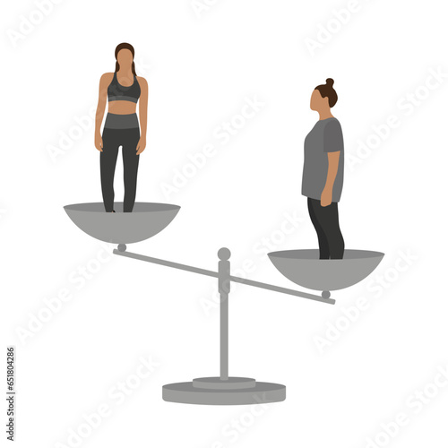 Two female characters in sportswear on different scales on a white background