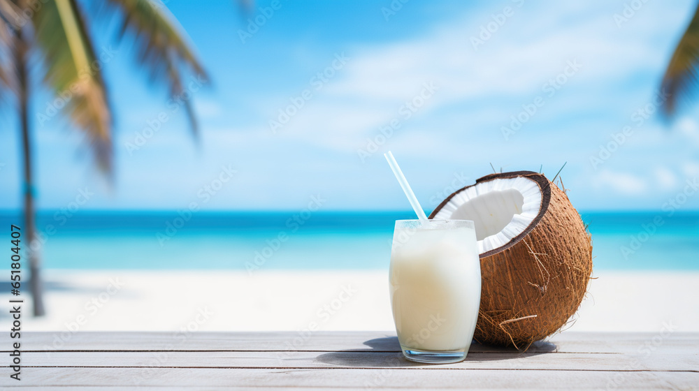Tropical fresh coconut cocktail with straw on white beach with blue ocean and palm trees on the background, tropical,Holiday,resort concept Tropical fresh coconut cocktail with straw on white beach with blue ocean and palm trees on the background, tropical,Holiday,resort concept