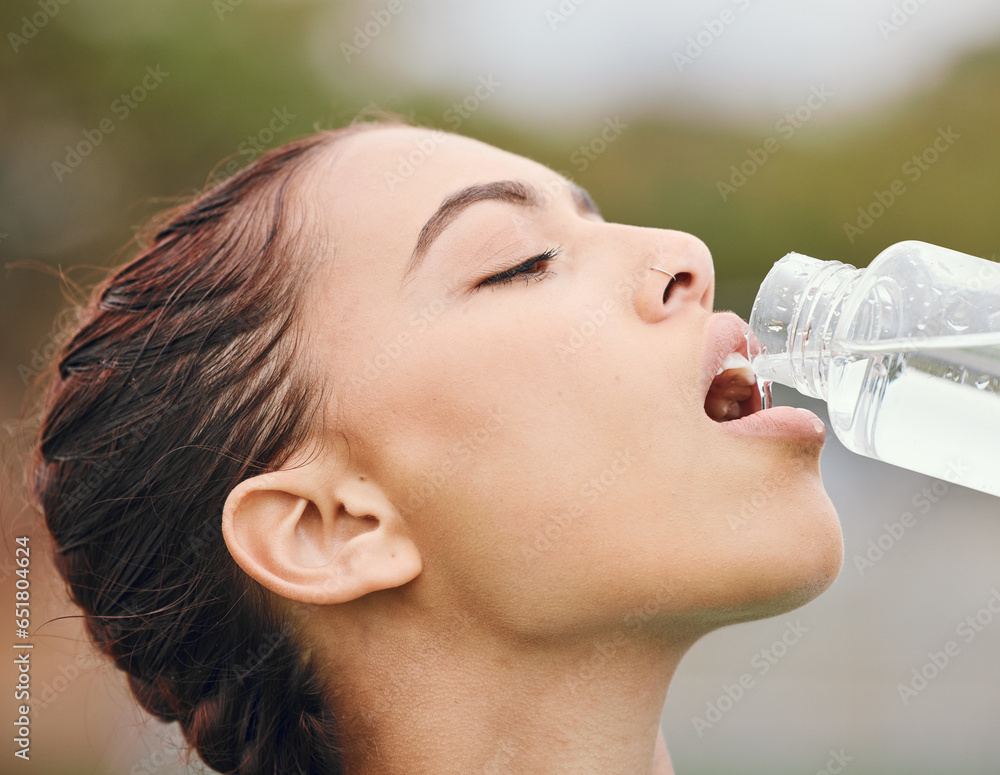 Outdoor, wellness and woman drinking water, fitness and tired with fatigue, nutrition and workout. Person, runner and athlete with hydration, liquid or thirsty with health, bottle with aqua or sports Outdoor, wellness and woman drinking water, fitness and tired with fatigue, nutrition and workout. Person, runner and athlete with hydration, liquid or thirsty with health, bottle with aqua or sports