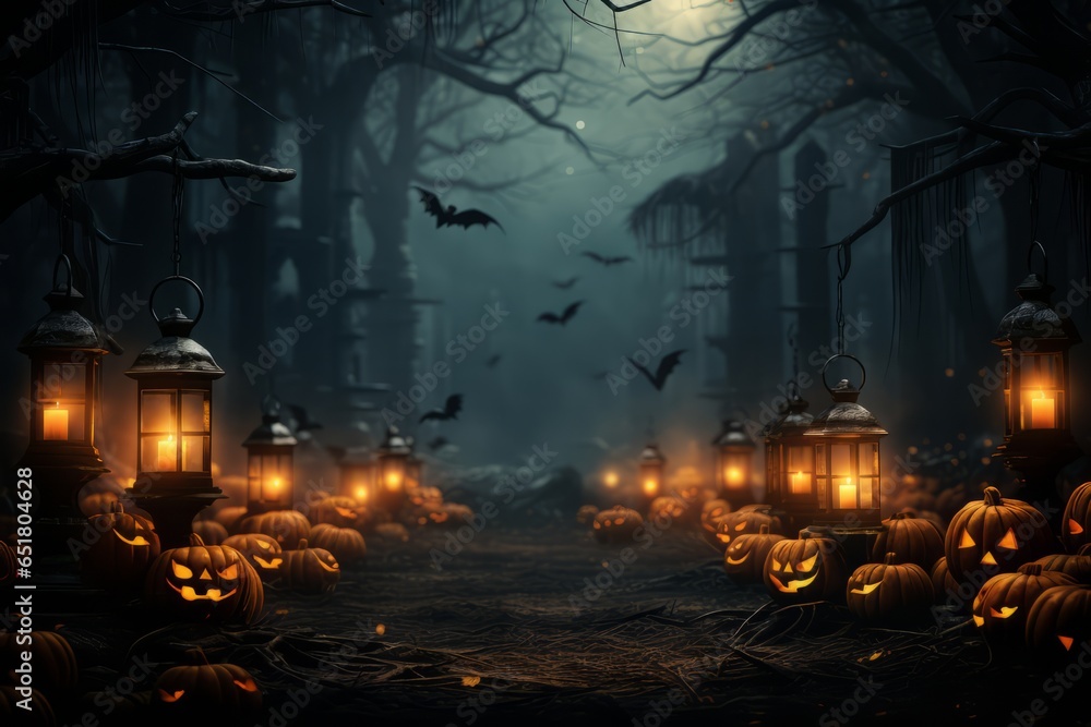 Spooky Halloween illustration of glowing jack-o-lanterns, dead trees, bats in a cemetery or graveyard-like landscape. Generative AI.
 
