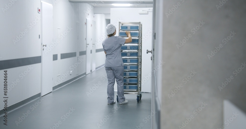 Nurse in uniform pushes mobile shelves with inventory through bright clinic corridor. Female medical worker takes box from rack, enters hospital ward or laboratory. Hallway of modern medical facility. Nurse in uniform pushes mobile shelves with inventory through bright clinic corridor. Female medical worker takes box from rack, enters hospital ward or laboratory. Hallway of modern medical facility.