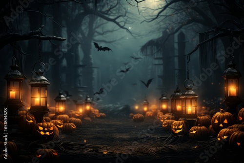 Spooky Halloween illustration of glowing jack-o-lanterns  dead trees  bats in a cemetery or graveyard-like landscape. Generative AI.   