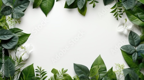 Green leaves with white empty space in the middle. leaves flat lay on the border, space for text or image, generative ai