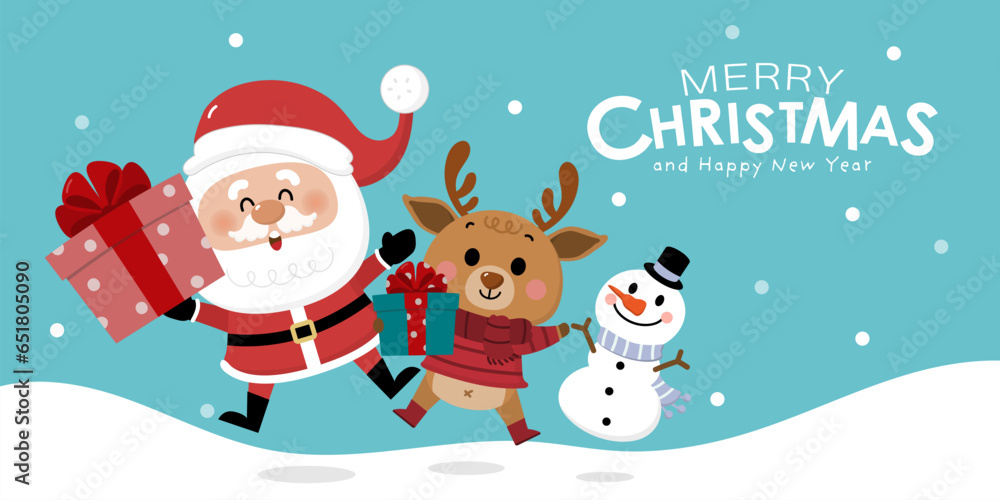 Merry Christmas and happy new year greeting card with cute Santa Claus, deer, snowman and gift box. Holiday cartoon character in winter season. -Vector