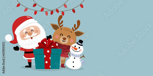 Merry Christmas and happy new year greeting card with cute Santa Claus, deer, snowman and gift box. Holiday cartoon character in winter season. -Vector © Dusida