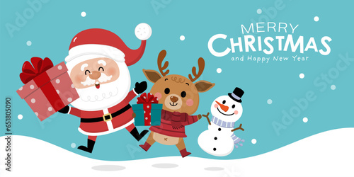 Merry Christmas and happy new year greeting card with cute Santa Claus, deer, snowman and gift box. Holiday cartoon character in winter season. -Vector © Dusida