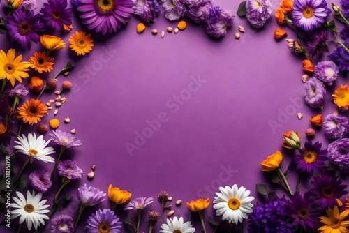 Assorted flowers frame on purple background with blank space for text. Holiday concept. Copy space. Violet floral border 