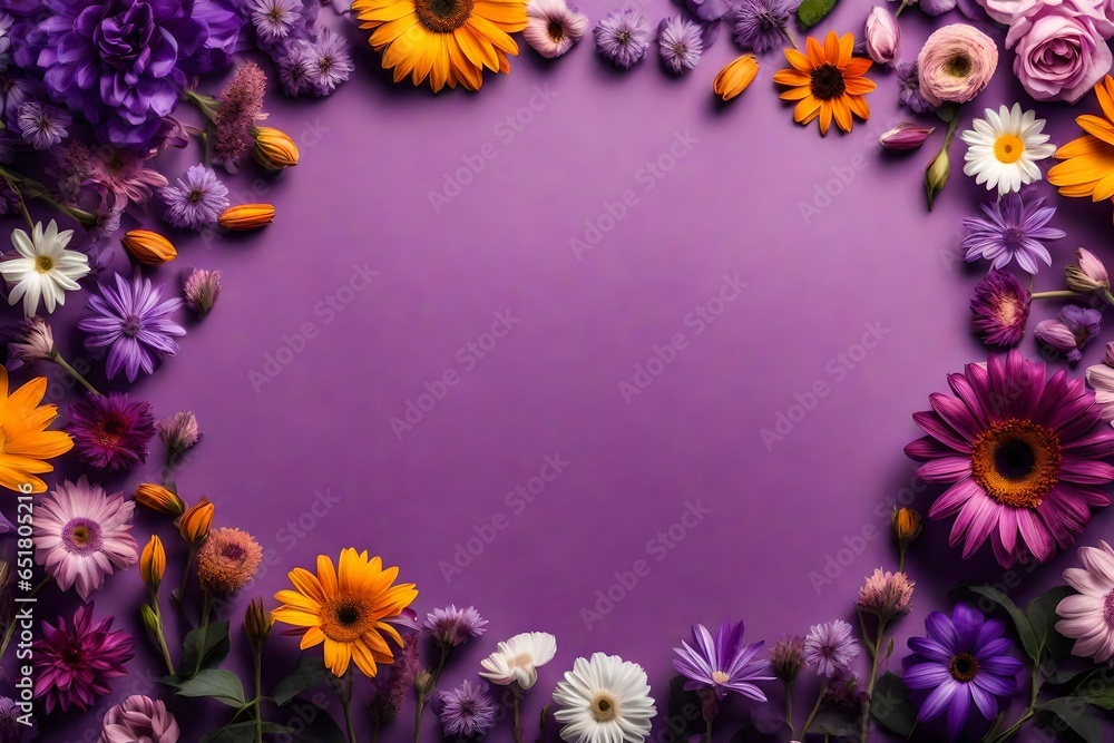 Obraz premium Assorted flowers frame on purple background with blank space for text. Holiday concept. Copy space. Violet floral border 