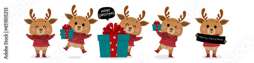 Cute deer, reindeer in winter costume with gift. Merry Christmas and happy new year greeting card.  Animal holidays cartoon character set.