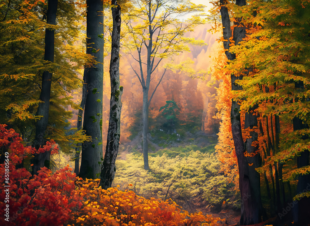 wallpaper featuring a serene forest scene during autumn. Capture the vibrant colors