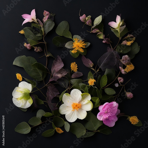 Lovely spring flowers and leaves on a black,blue , white background with negative space