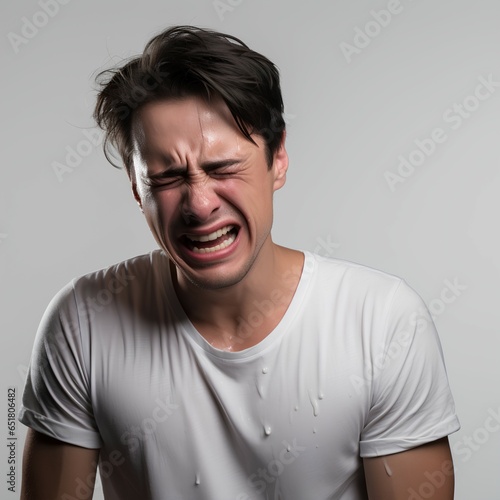 studio photo of a handsome man model cry with white isolated background ai generated