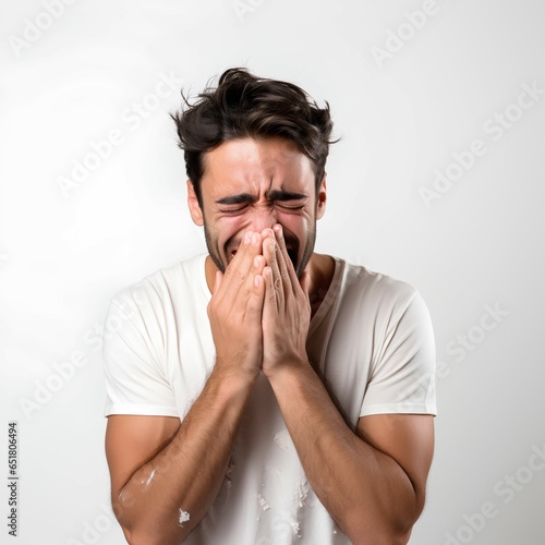 studio photo of a handsome man model cry with white isolated background ai generated