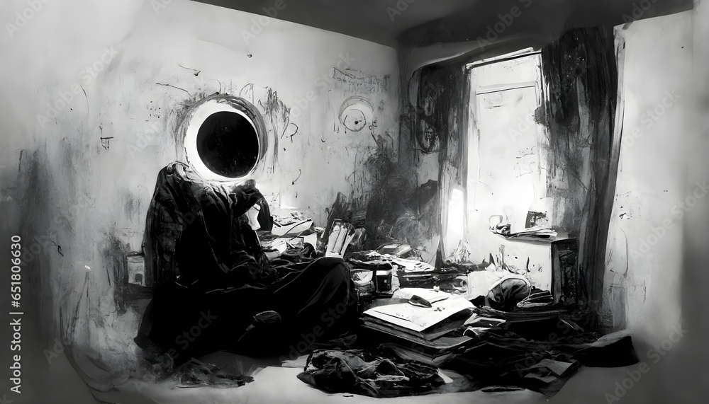 sad man writting in messy room with a black hole in a corner black and white post punk realistic 8k  - obrazy, fototapety, plakaty 