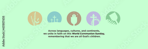 World Communion Sunday Banner. Flat religious icon on pastel background. Wheat and palm, three crosses, chalice and communion bread with holy spirit, crown of thorns, cup and loaf,