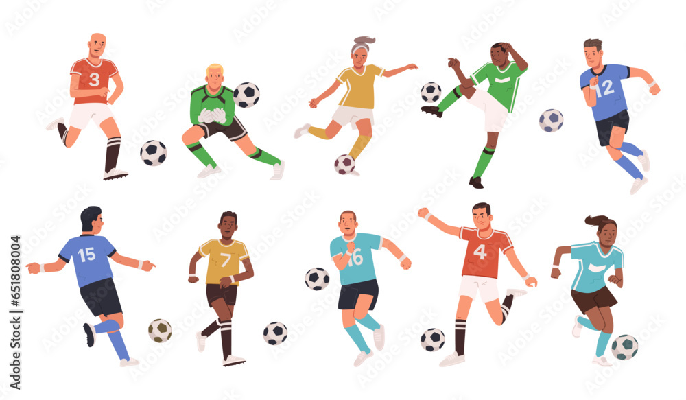 Set of soccer player characters. Men and women in sportswear playing football on an isolated background