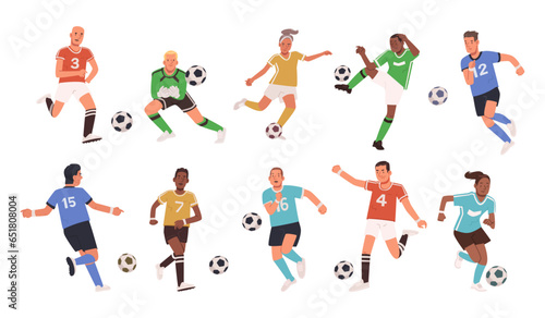 Set of soccer player characters. Men and women in sportswear playing football on an isolated background