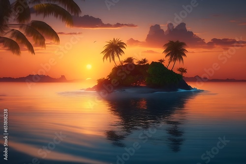 An island in the middle of the sea during a beautiful sunset.