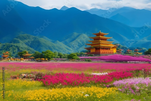 A pavilion with a field of flowers surrounding it, behind which are mountains. In nature that looks beautiful