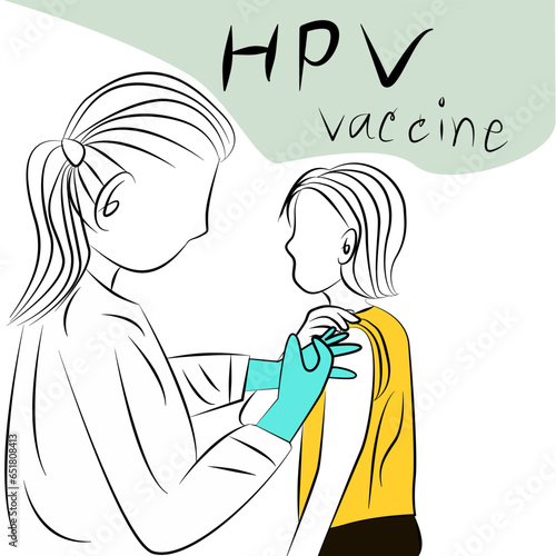 HPV vaccination for girls, hand drawn line drawing, Concept Prevent HPV infection by vaccination before getting infected.