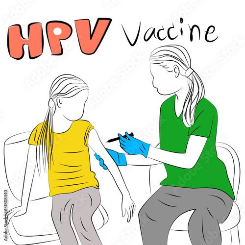 HPV vaccination for girls, hand drawn line drawing, Concept Prevent HPV infection by vaccination before getting infected.