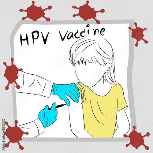 HPV vaccination for girls, hand drawn line drawing, Concept Prevent HPV infection by vaccination before getting infected.
