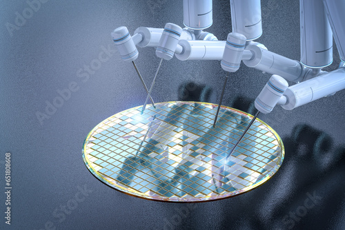 Semiconductor manufacturing with robotic arms and silicon wafers photo