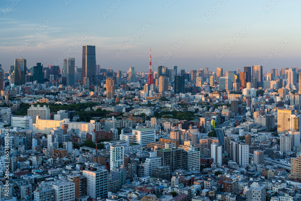 Obraz premium 夕暮れの東京タワーと東京都心の都市風景