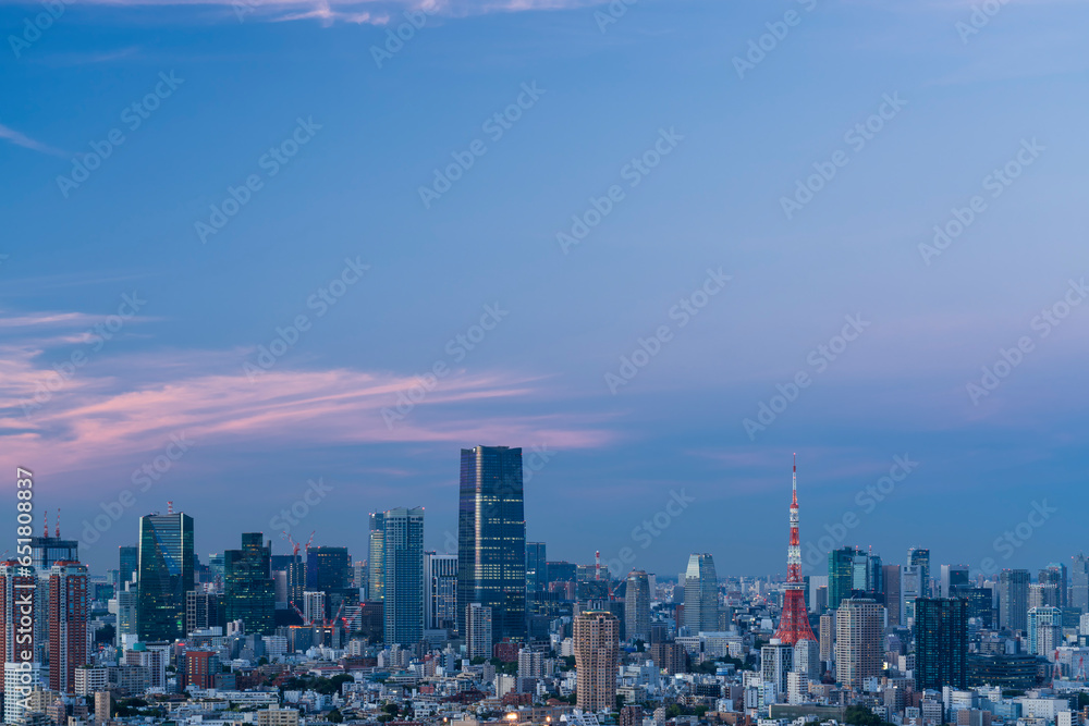 マジックアワーの東京タワーと東京都心の都市風景