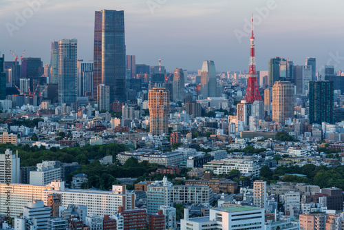 夕暮れの東京タワーと東京都心の都市風景