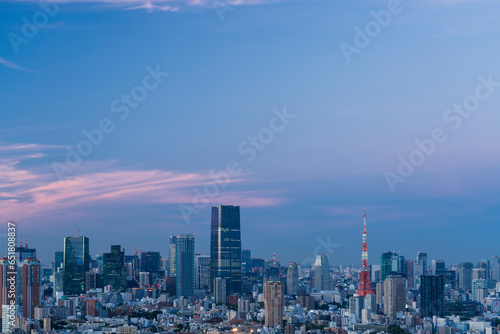 マジックアワーの東京タワーと東京都心の都市風景