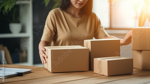 Closeup view of people online store small business owner seller entrepreneur packing package ai generated