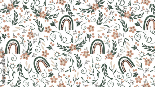 Seamless pattern with abstract plants and rainbows in boho style. Vector illustration