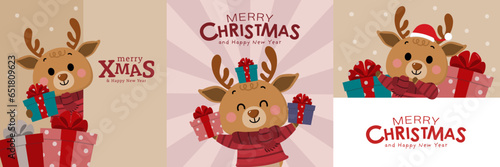 Cute deer, reindeer in winter costume with gift. Merry Christmas and happy new year greeting card.  Animal holidays cartoon character set.