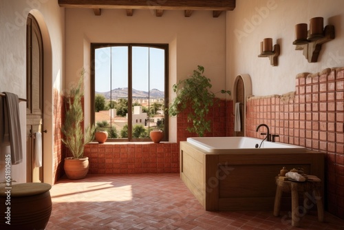Modern and Peaceful Spanish Home Interior with Exposed Wood Beams and Red Tile Backsplash with Soaking Tub