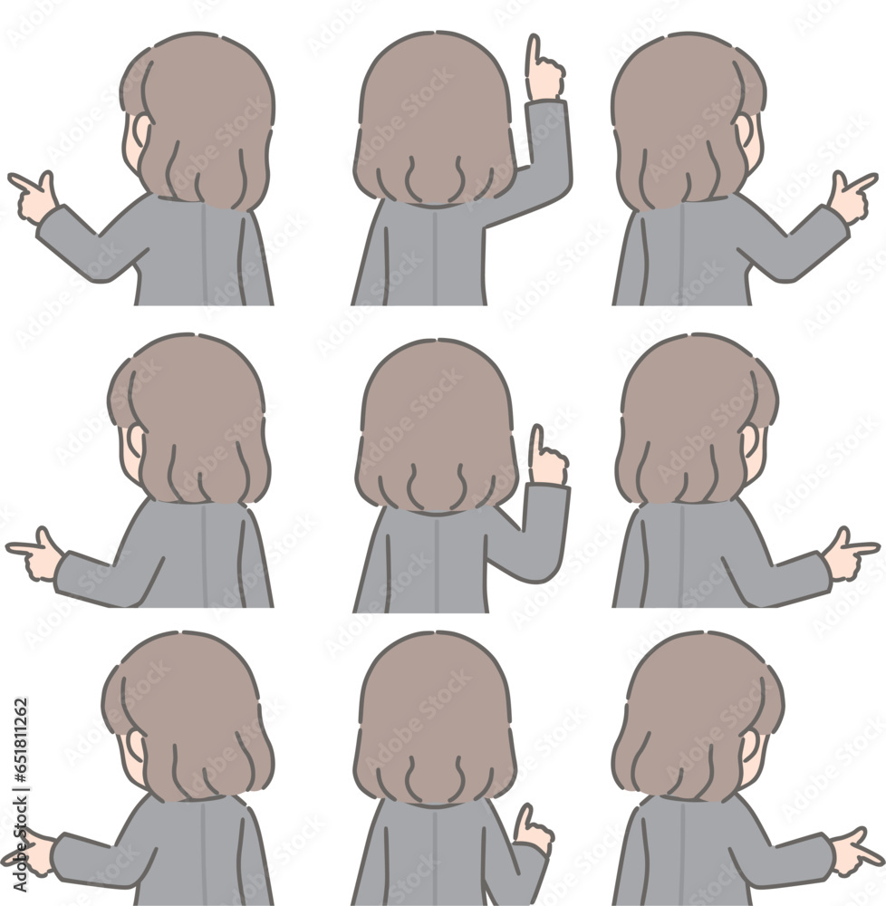 色々な方向を指さす若い女性(後ろ向き、スーツ) 色々な方向を指さす若い女性(後ろ向き、スーツ)