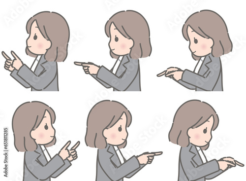 色々な方向を両手で指さす若い女性（横向き、スーツ）