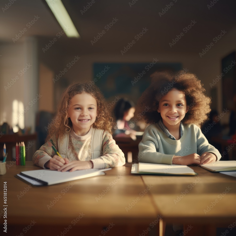 Fototapeta premium Happy children study in the classroom. A group of kids learn at school. Learning and education concept.