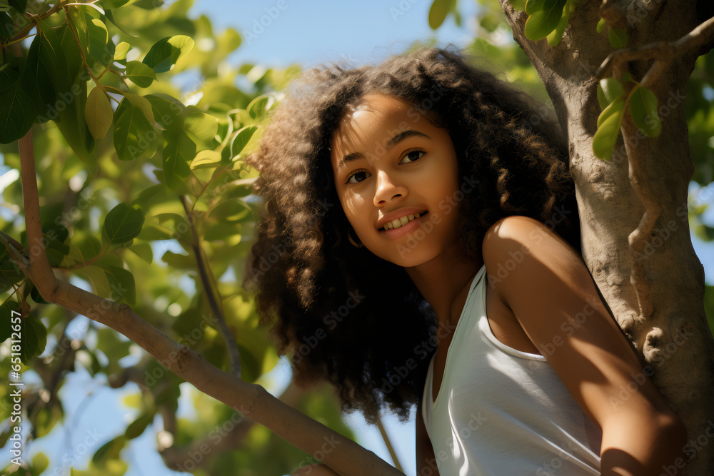 close up of active poc girl climbing tree in sunshine close up of active poc girl climbing tree in sunshine