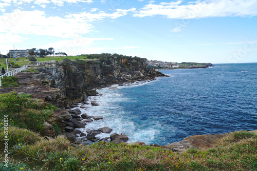 Landscape Lookout nature of cliff with ocean at The Coogee to Bondi Coastal Walk in Sydney NSW Australia - Nature travel track from Coogee. Travel outdoor Jogging 