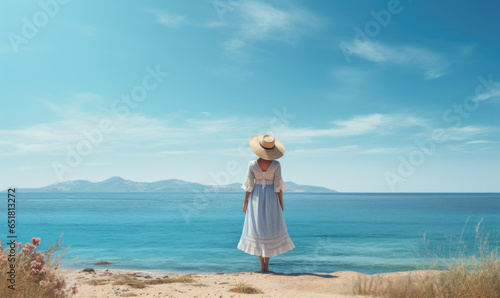 Young lady in a dress and hat on the seashore on a sunny day. Travel and retirement, retirement.