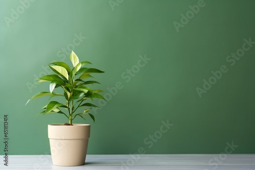 Green house potted plant on pastel green background. Houseplant for minimal creative home decor concept. Empty space