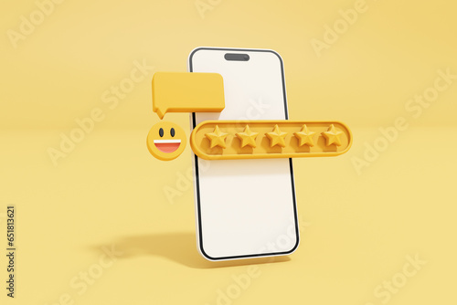 3D Clay phone with five star rating and emoji on yellow background